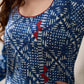 Contemporary Indigo Geometric Side-Cut Kurta with Linear Stripe Detailing and Maroon Triangle Highlights