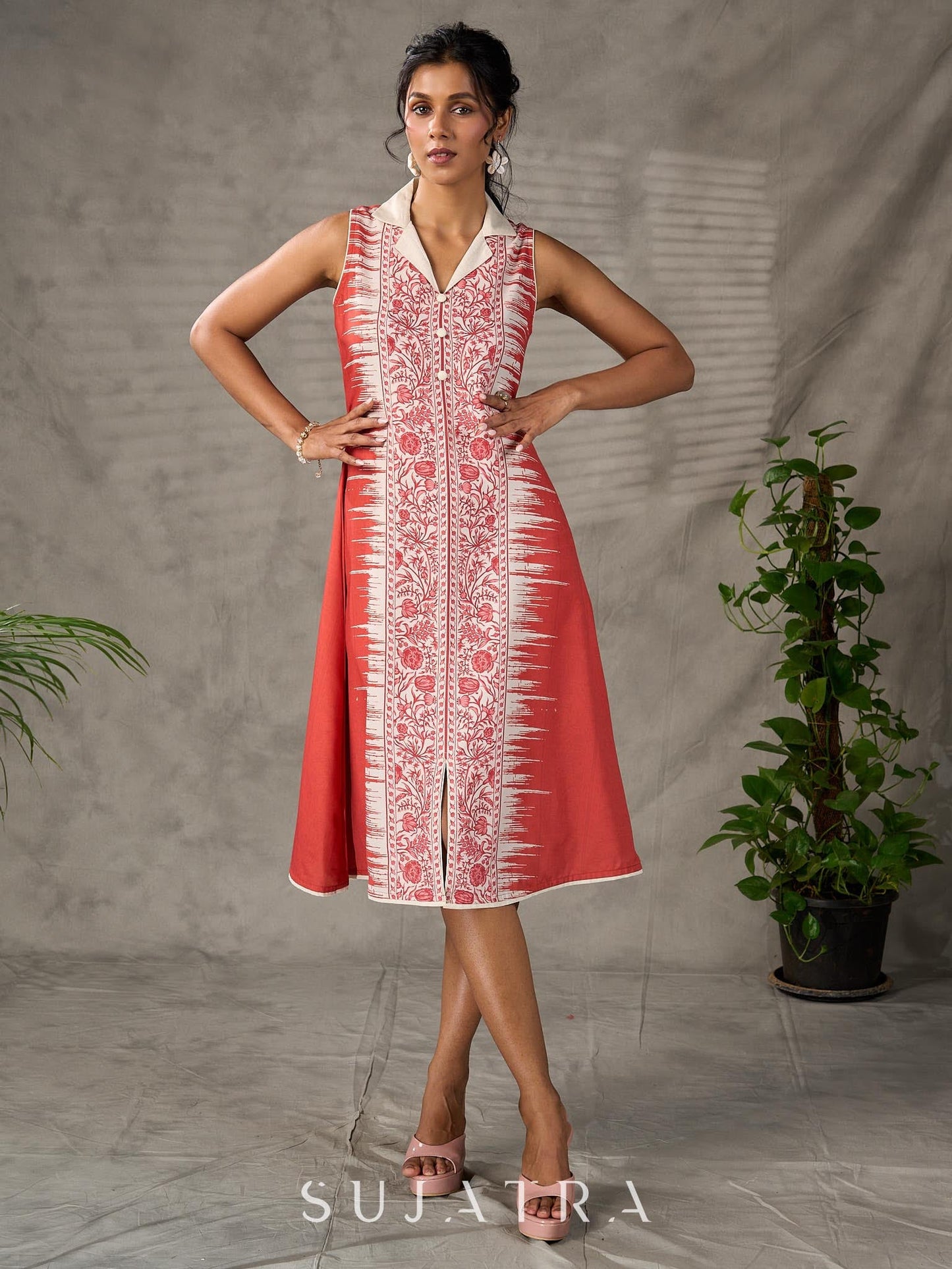 Brick Orange shirt dress with timeless traditional prints, off white notch collar and off white accents
