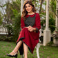 Chic maroon dress featuring a contrasting teal neck patch with charming Peter Pan collar details