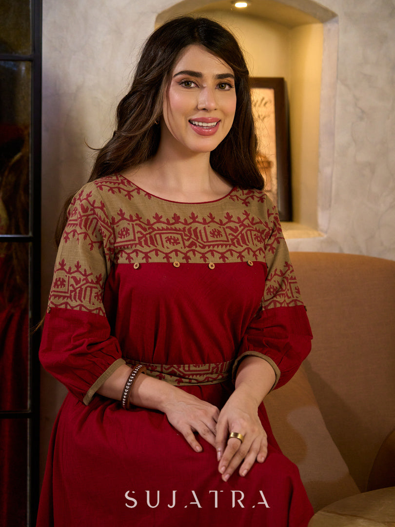 Classic Maroon & Beige Cotton Dress with Jamdani Inspired Hand Block Printed Border and Tie-Up Belt