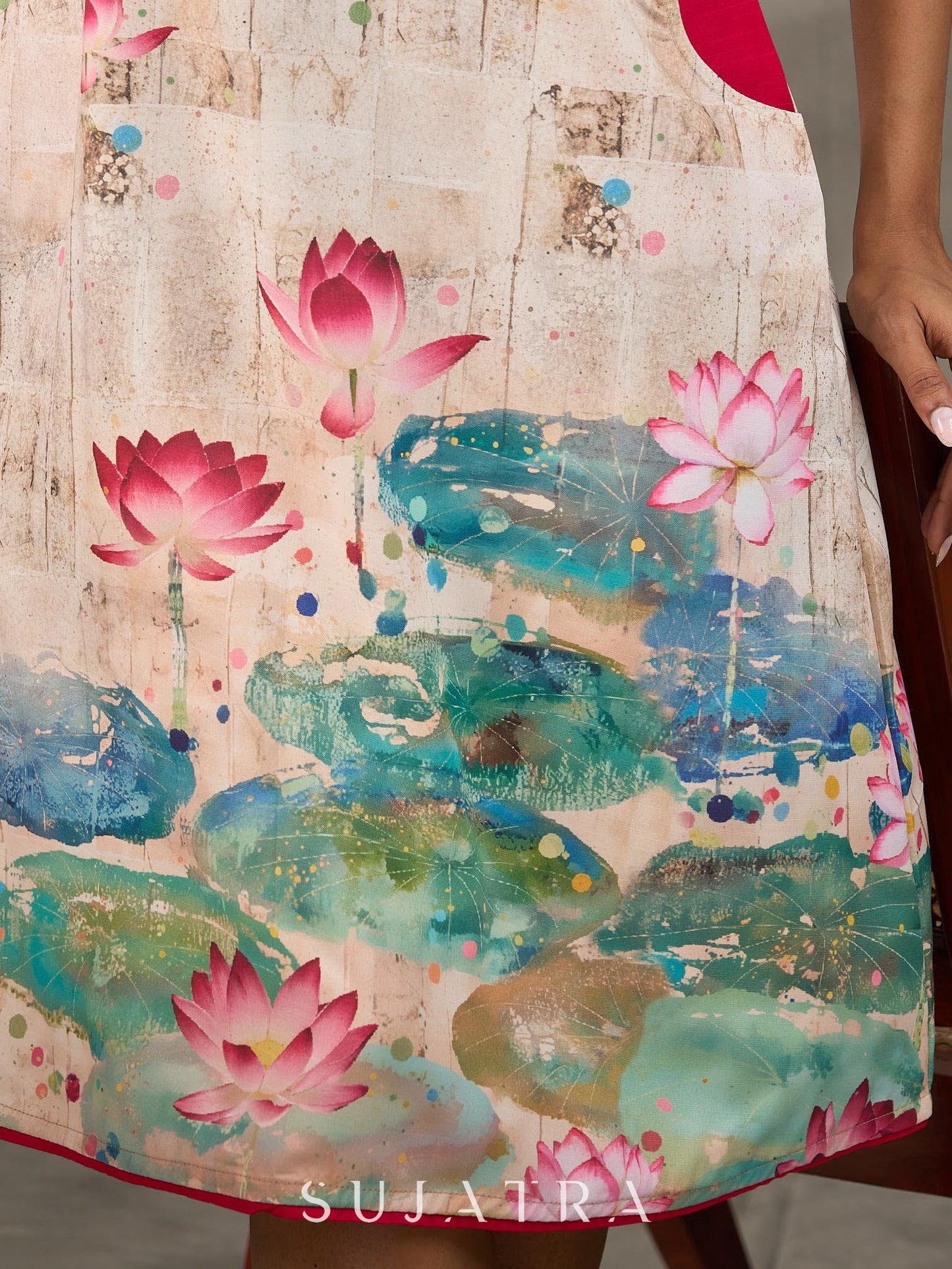 Pichwai-inspired off white lotus print dress with pink accents.