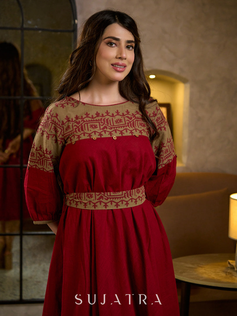 Classic Maroon & Beige Cotton Dress with Jamdani Inspired Hand Block Printed Border and Tie-Up Belt