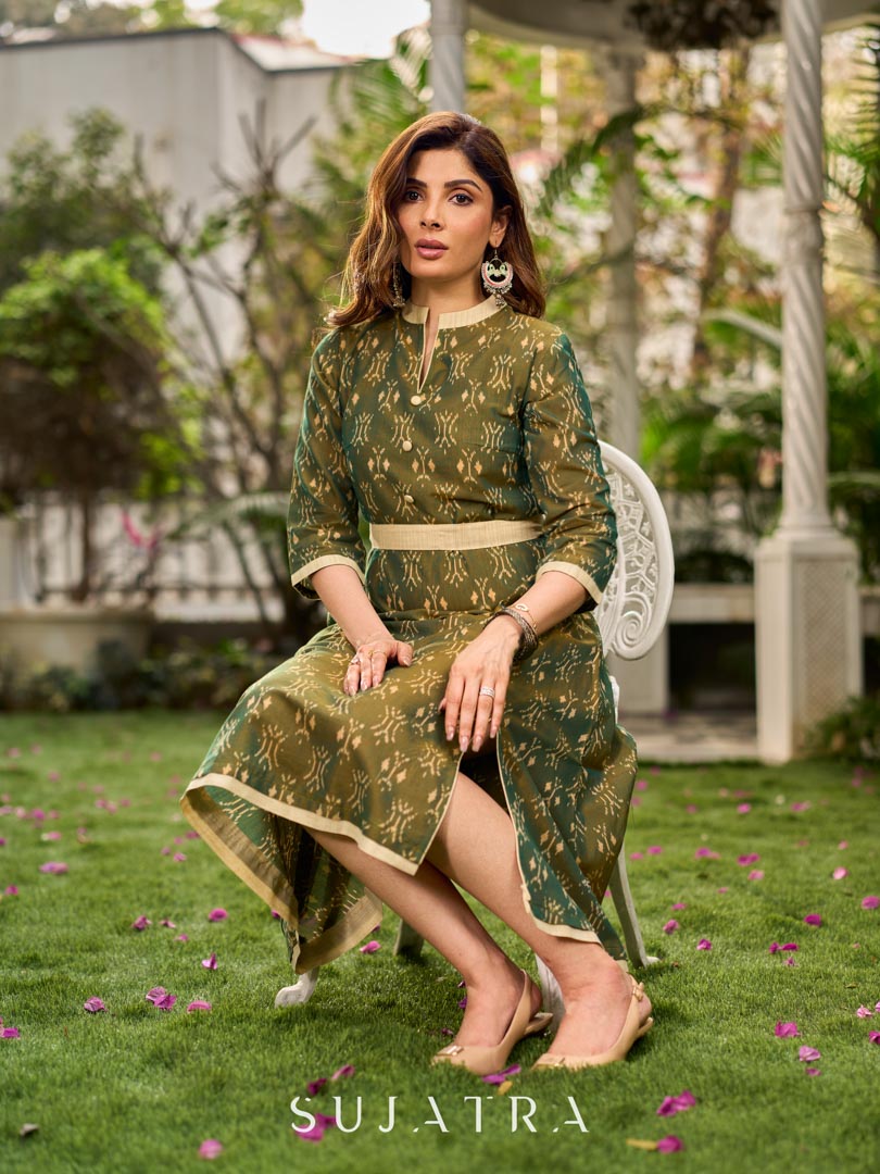 Statement olive green two-tone Ikat dress elevated with cream?gold accents, a structured belt for definition, and a subtle left-front slit.