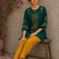 Enchanting bottle green tunic featuring a refined, rhythmic Block print motifs, vibrant mustard accents, and a graceful aesthetic.