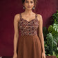 Rust Brown Cotton One Piece Dress with Maroon Floral Print Bodice & Button Front Detail — view 3