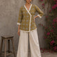 Mustard Jaipur cotton wrap-style Angarkha top with off-white Hakoba cuffs and graceful contrast accents.