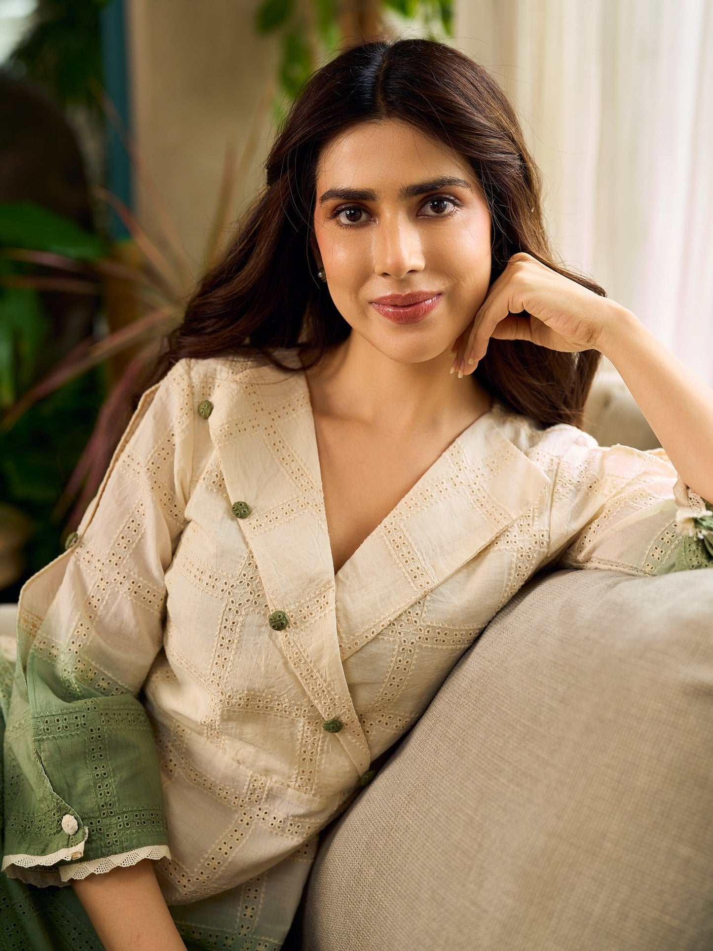 Serene ivory and sage green ombré overlap hakoba dress with olive button accents.