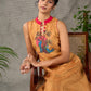Mustard Gond printed mandarin collar dress with vibrant pink accents.