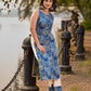 Indigo Abstract Printed Kurta with Side Cut Panels, Hakoba Inserts and Pearl Embellishments