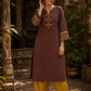 Earthy Brown Cotton Kurta with Statement Kalamkari Block Print Cuffs & Mustard Piping