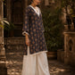 Navy Blue Floral Print Short Kurta with White Hakoba V-Neck Trim & Bell Sleeves