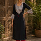 Black Cotton Kurta with Ajrakh Printed Yoke & Matching Cuffs with Minimal Embellishment