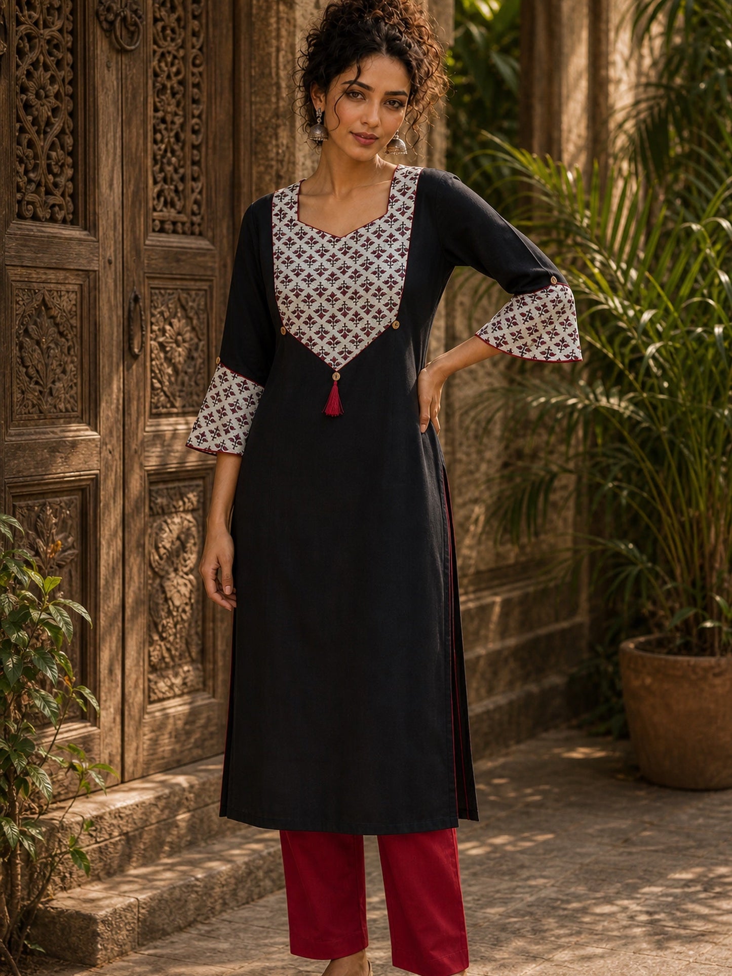 Black Cotton Kurta with Ajrakh Printed Yoke & Matching Cuffs with Minimal Embellishment