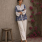 Blue floral Jaipur-printed top with statement hakoba panels and delicate white lace accents.