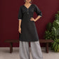 Classic Black Cotton Tunic Co-ord Set with Checkered Cuffs and Button Detail V-Neck paired with Coordinated Checkered Gathere