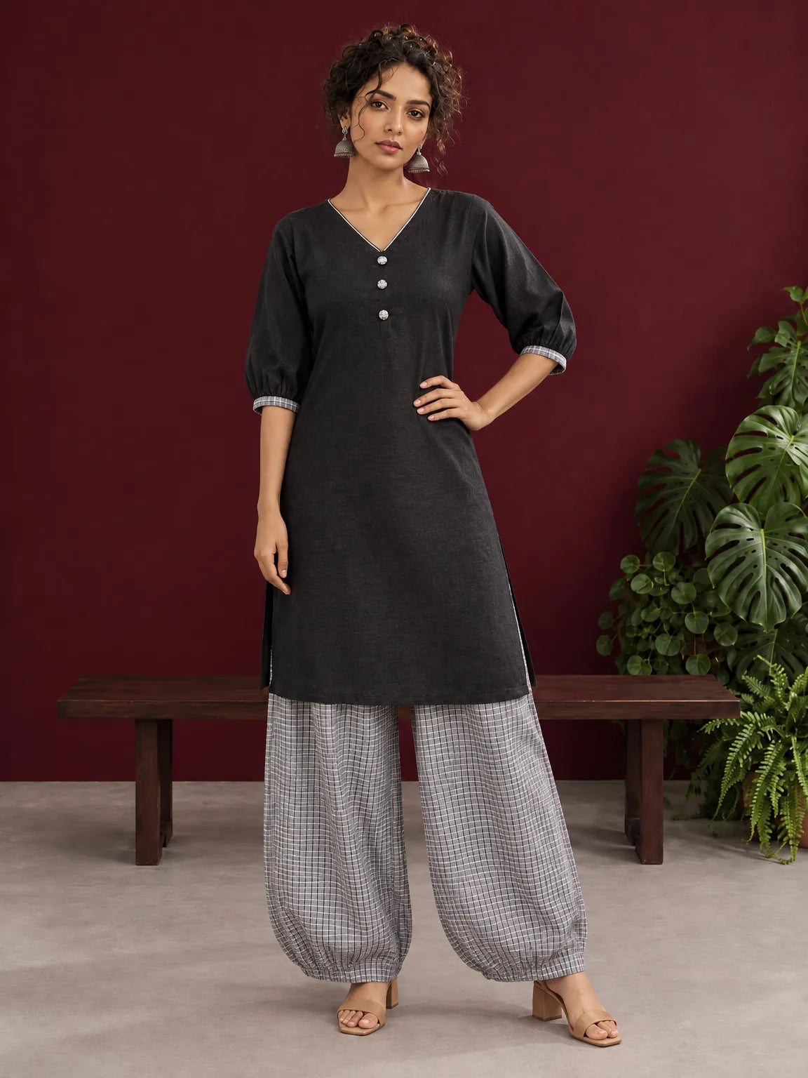 Classic Black Cotton Tunic Co-ord Set with Checkered Cuffs and Button Detail V-Neck paired with Coordinated Checkered Gathere