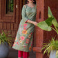 Soft green printed kurta with vibrant floral motifs, highlighted with hand embroidery and bright magenta accents.