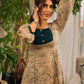 Artisanal beige Madhubani dress featuring intricate motifs, a contrasting green yoke, and refined accents.