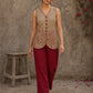 Sophisticated beige waist coat top showcasing refined leaf block print motifs, a polished button-down front, and elegant red piping for artisanal style.