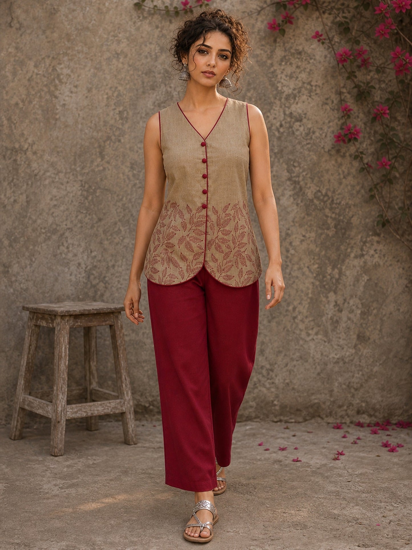 Sophisticated beige waist coat top showcasing refined leaf block print motifs, a polished button-down front, and elegant red piping for artisanal style.