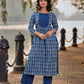 Indigo Printed Kurta with Statement Neck Patch, Flowing Gathers and Pearl Embellished Sleeves