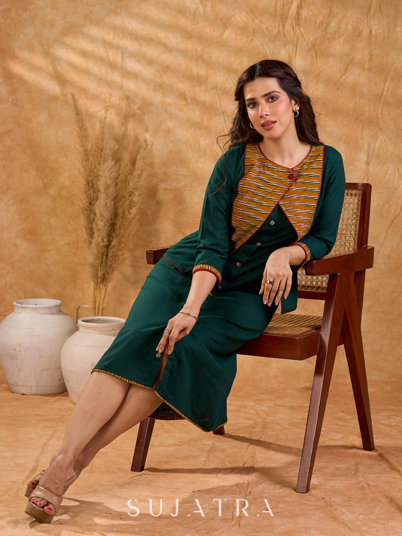 Sophisticated bottle green and mustard Ikat jacket featuring an overlapping neckline closure, front-open design, and rich maroon accents, offering a composed, tailored silhouette for corporate wear.