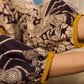 Heritage Kalamkari dress with elegant mustard accents and black pearl embellishments.