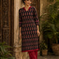 Striking Black Ajrakh Block Print Straight Kurta with Bold Maroon Collar & Mirror Cuff Accent