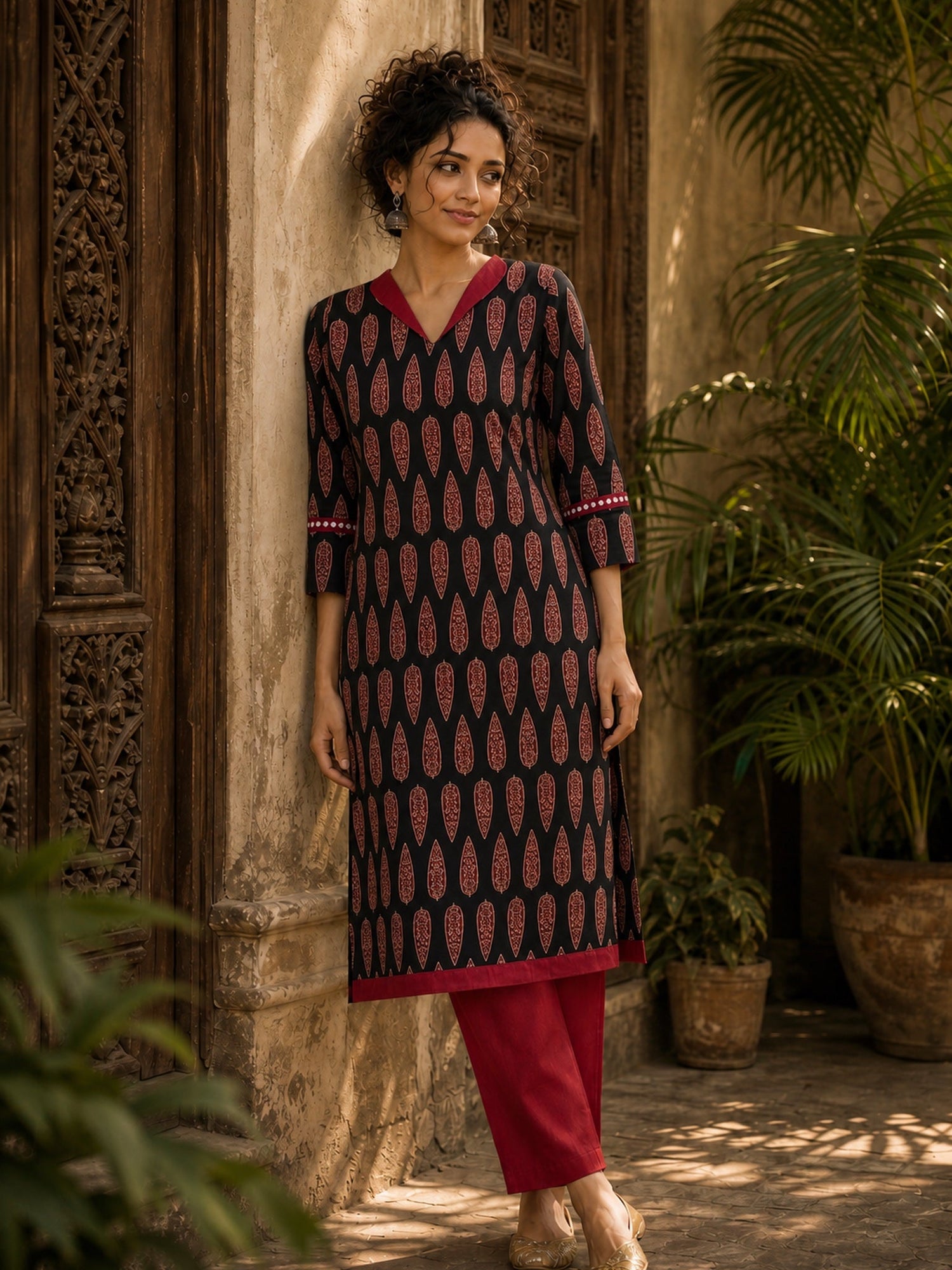 Striking Black Ajrakh Block Print Straight Kurta with Bold Maroon Collar & Mirror Cuff Accent