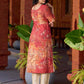 Amber crimson blossom printed kurta with golden pearl handwork on the yoke and dainty tie-up neck details.