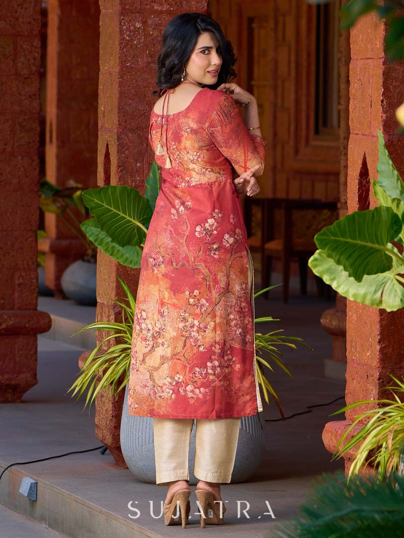 Amber crimson blossom printed kurta with golden pearl handwork on the yoke and dainty tie-up neck details.