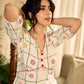 Soft off-white block printed rayon dress with intricate all-over hand block printed checks and florals, a gently gathered yoke, and rich red accents for a refined, elegant everyday look.