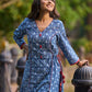 Indigo Printed A-Line Kurta with Waist-Defining Side Strings and Maroon Detailing