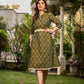 Statement olive green two-tone Ikat dress elevated with cream?gold accents, a structured belt for definition, and a subtle left-front slit.
