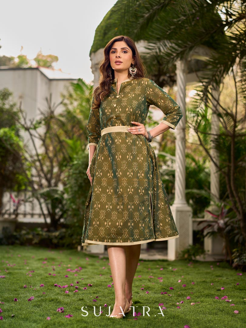 Statement olive green two-tone Ikat dress elevated with cream?gold accents, a structured belt for definition, and a subtle left-front slit.