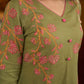 Muted pista hand block printed dress with delicate cascading hand block floral motifs and soft pink accents for a graceful, elegant, and refreshing everyday look.