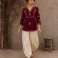 Graceful maroon hand block print top featuring timeless paisley motifs, delicate borders, and an elegant V-neck silhouette, crafted for effortless everyday sophistication.