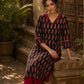 Striking Black Ajrakh Block Print Straight Kurta with Bold Maroon Collar & Mirror Cuff Accent
