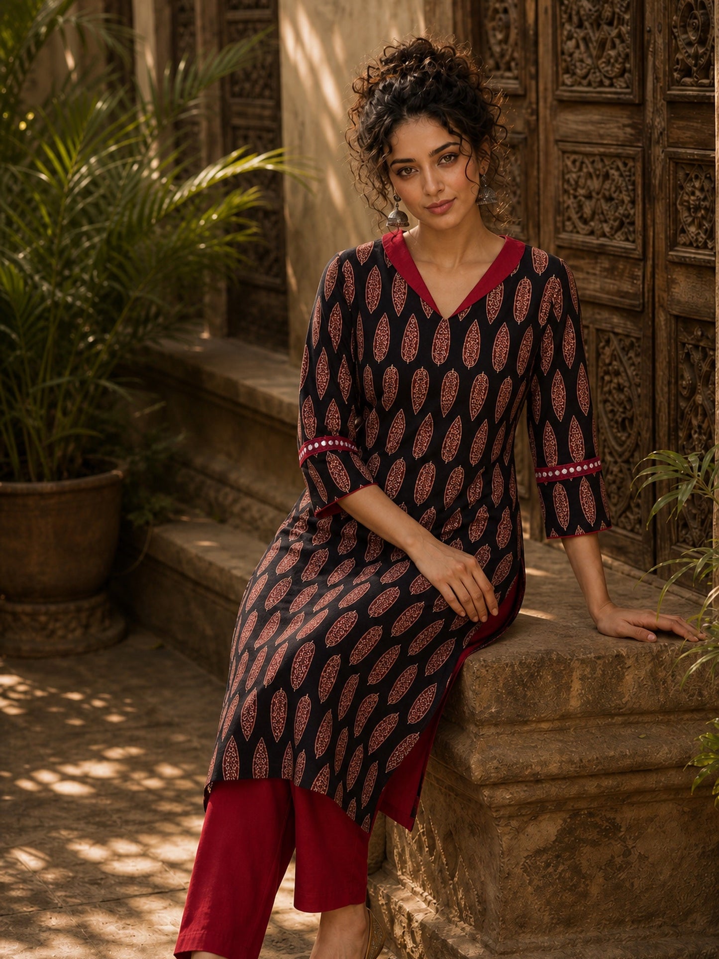 Striking Black Ajrakh Block Print Straight Kurta with Bold Maroon Collar & Mirror Cuff Accent