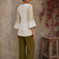 Contemporary off white and olive hand block print top features subtle geometric motifs, airy bell sleeves, and effortless elegance for versatile everyday styling.