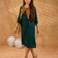 Sophisticated bottle green and mustard Ikat jacket featuring an overlapping neckline closure, front-open design, and rich maroon accents, offering a composed, tailored silhouette for corporate wear.