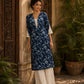 Bold Navy Blue Floral Print Kurta with Ivory Hakoba Cuffs & Pearl Embellished Placket