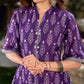 Elegant purple mercerised Ikat dress designed with a softly folded round neckline revealing grey highlights and balanced grey accents throughout