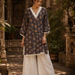Navy Blue Floral Print Short Kurta with White Hakoba V-Neck Trim & Bell Sleeves