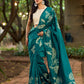 Elegant Rama Green Cotton Saree with Delicate Floral Hand Block Print