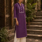Deep Purple Kurta with White Crochet Lace Yoke Border & Sleeve Cuff Detail