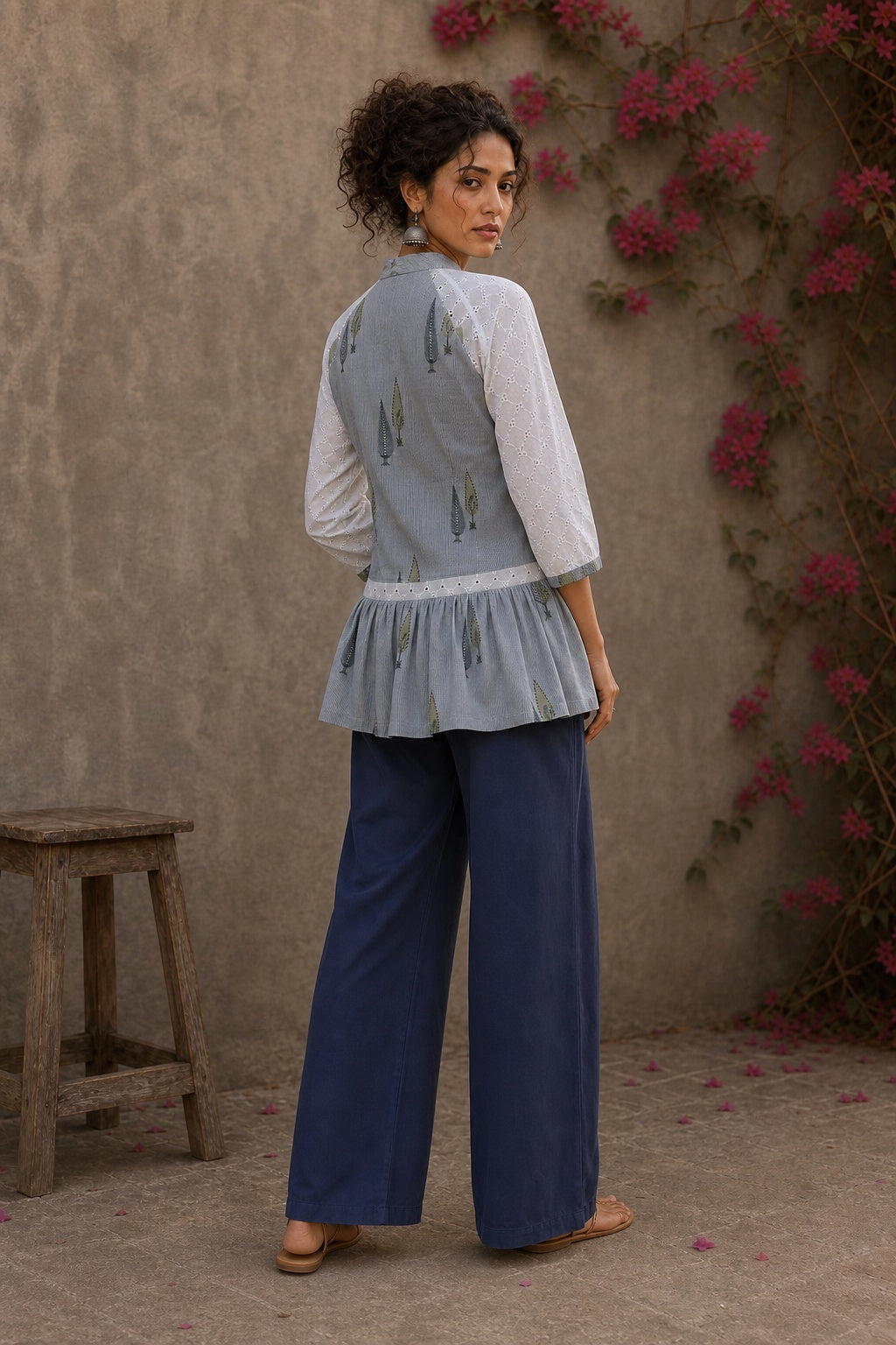 Soft blue Jaipur hairline stripe top featuring Hakoba raglan sleeves and a flattering gathered waist silhouette.