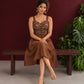 Rust Brown Cotton One Piece Dress with Maroon Floral Print Bodice & Button Front Detail — view 2