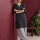 Classic Black Cotton Tunic Co-ord Set with Checkered Cuffs and Button Detail V-Neck paired with Coordinated Checkere — view 2