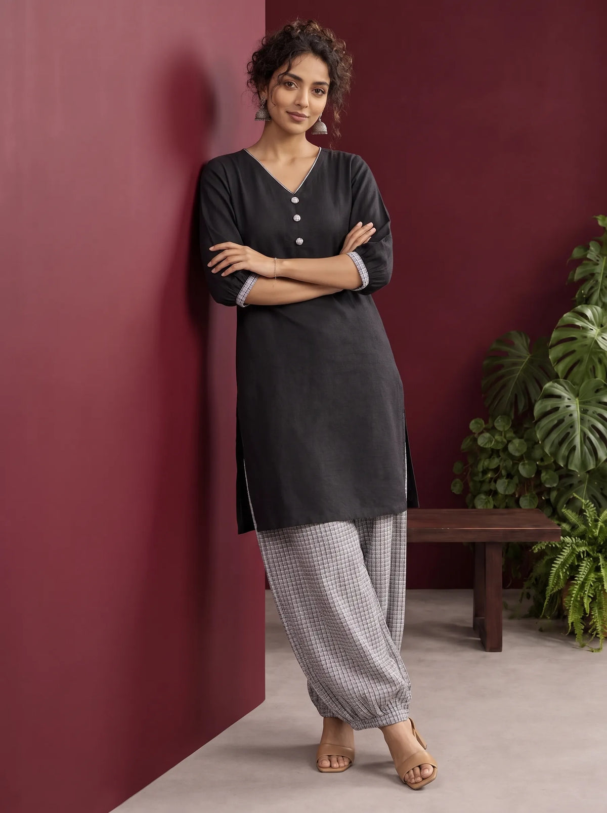 Classic Black Cotton Tunic Co-ord Set with Checkered Cuffs and Button Detail V-Neck paired with Coordinated Checkere — view 2